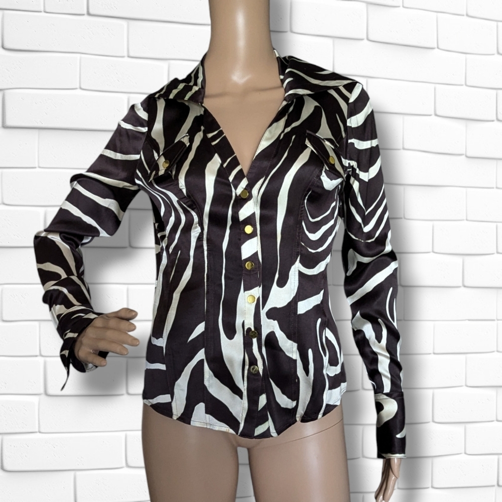 Vintage Cache Silk Blouse Black & White Zebra Print Gold Snaps Bell Cuffs Size S